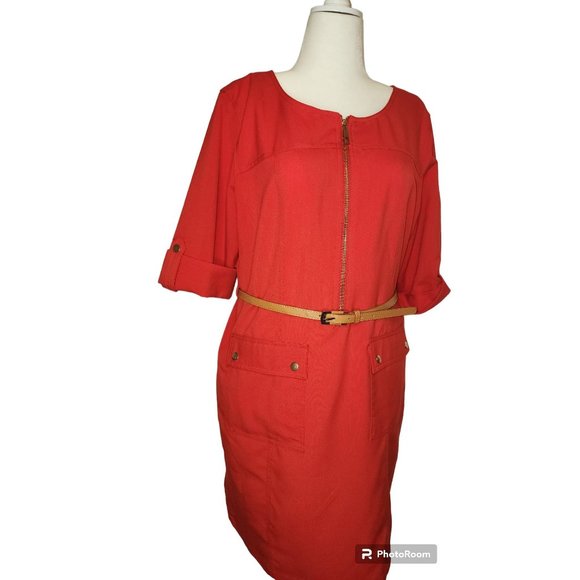 dressbarn Dresses & Skirts - #029. Red Utility Style Belted Sheath Dress with Front Pockets Gold Snaps and Zi